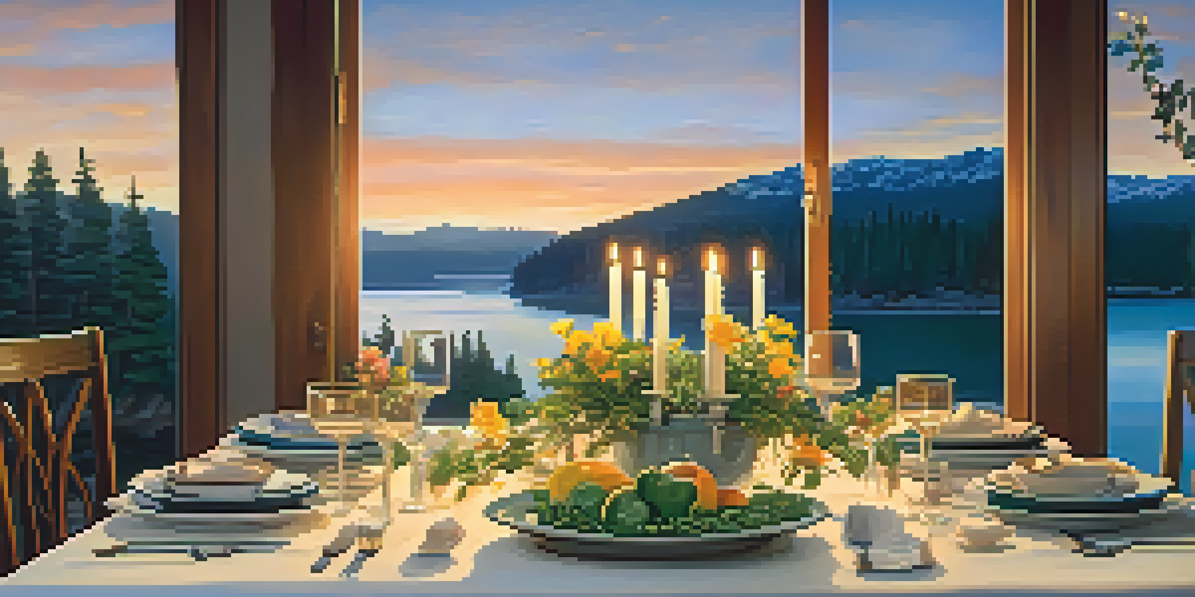 A dining table set for fine dining with a view of a lake and mountains during sunset, featuring elegant dinnerware and fresh flowers.