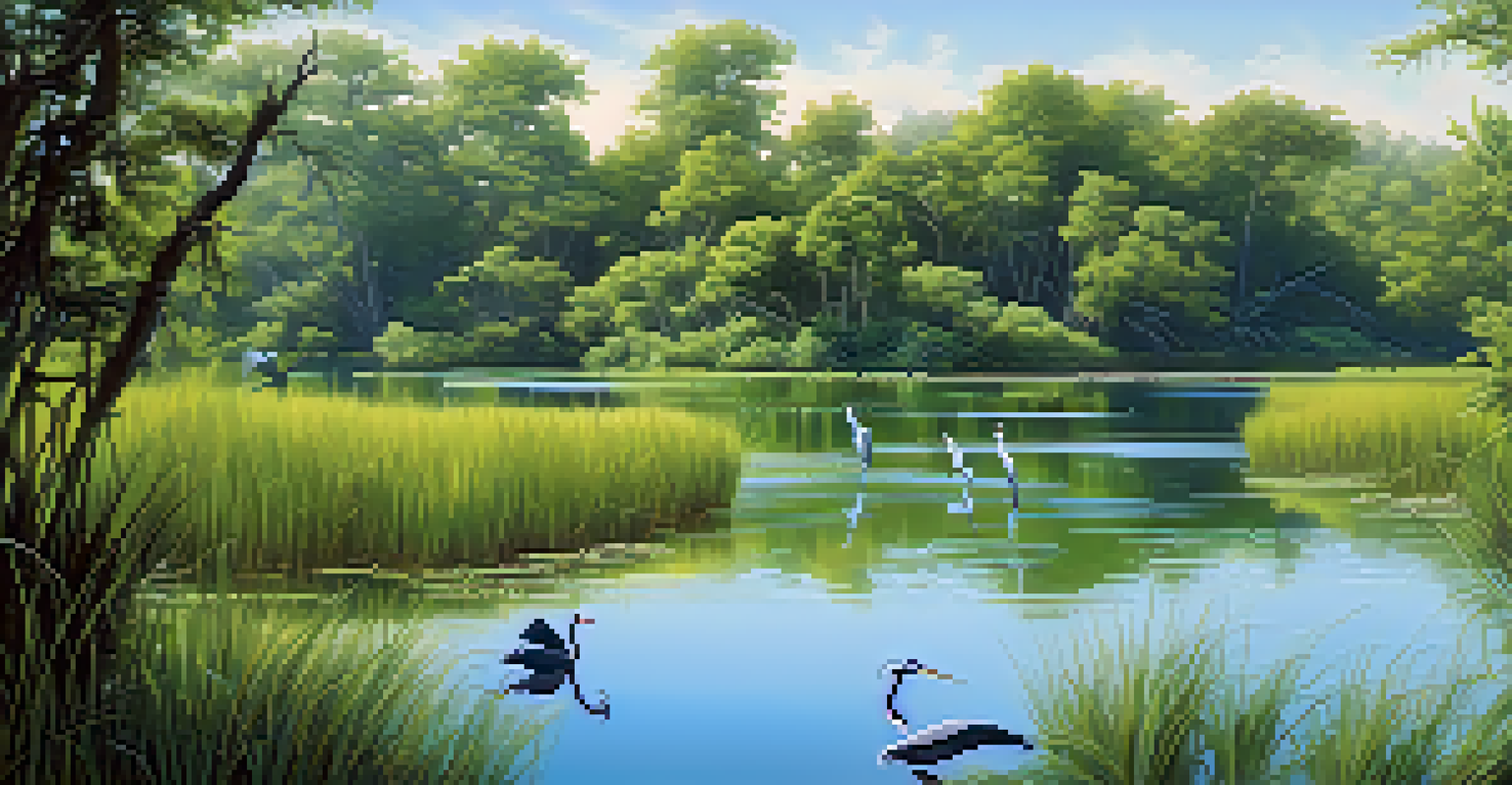 A lush wetland scene at Baldwin Lake with herons and egrets among vibrant greenery and shimmering water.