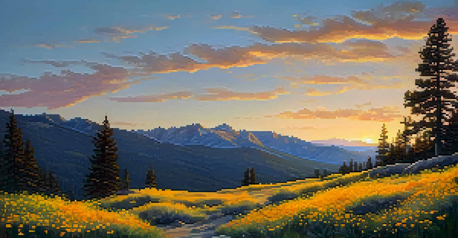 A beautiful sunset landscape in Big Bear with yellow Alpine buttercup flowers in the foreground and mountains in the background.