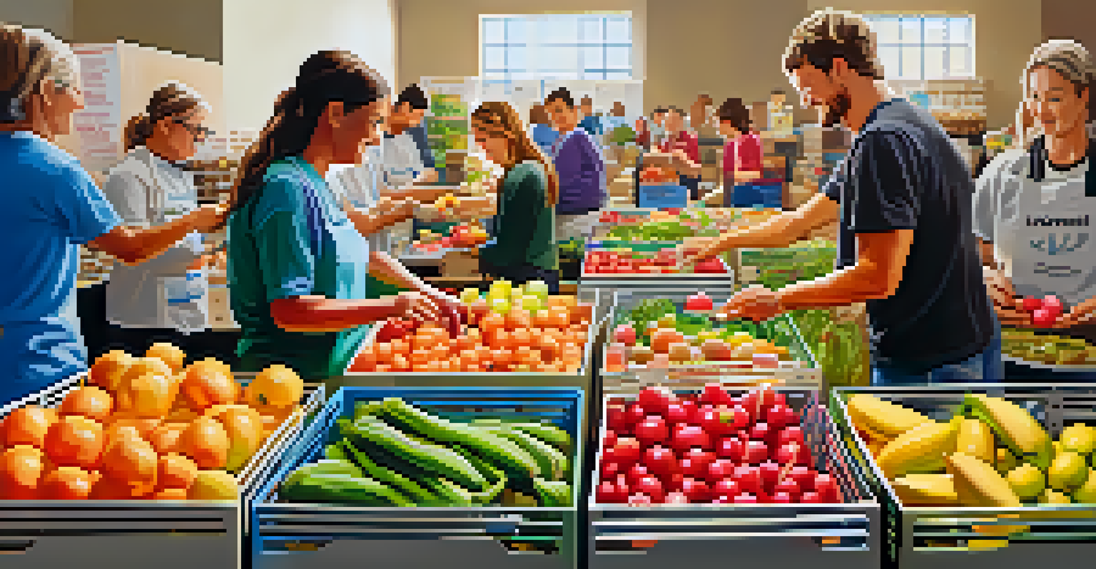 Volunteers sorting food donations in a food bank, with fresh produce visible.