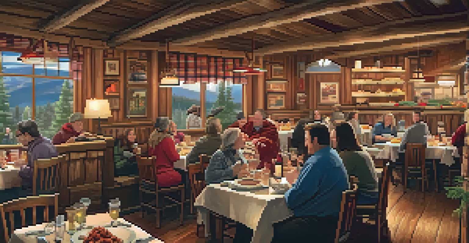The interior of a restaurant in Big Bear during a culinary festival, featuring a table of local dishes and a warm, inviting atmosphere.