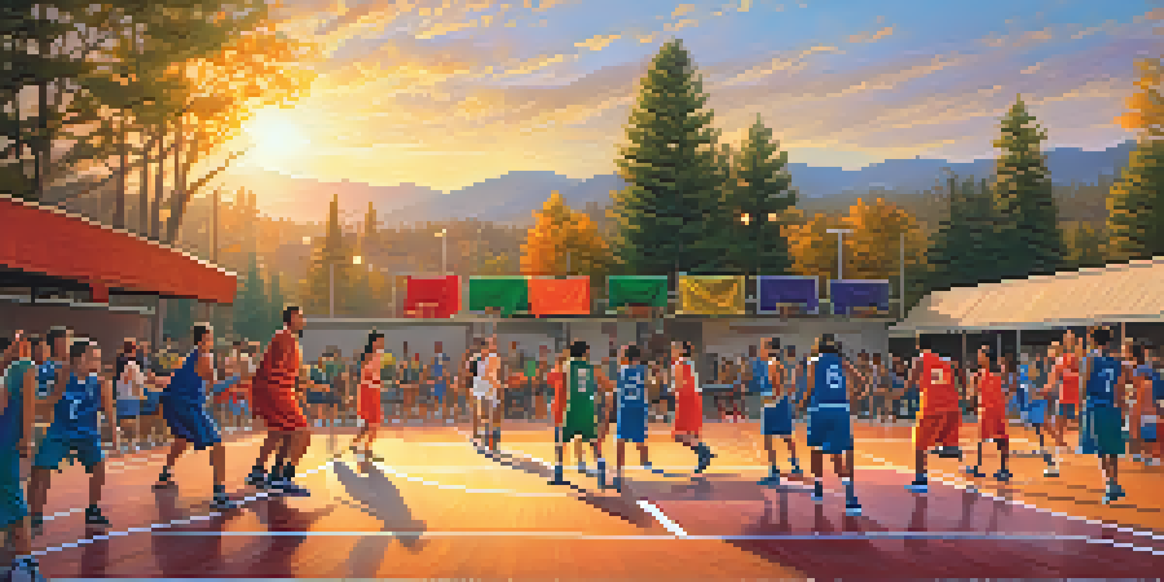 A community basketball game in Big Bear with players competing and enthusiastic fans in the stands, illuminated by a golden sunset.
