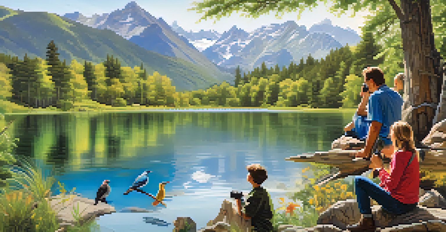 Families bird watching by a tranquil lake in Big Bear, with a guide pointing out a bird and mountains reflecting in the water.