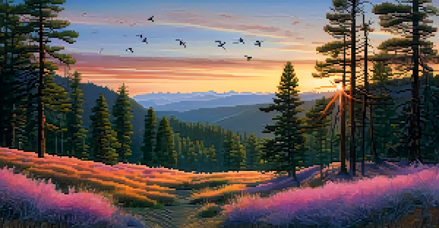 A beautiful sunset in San Bernardino National Forest with pine trees, meadows, and birds like woodpeckers and jays.