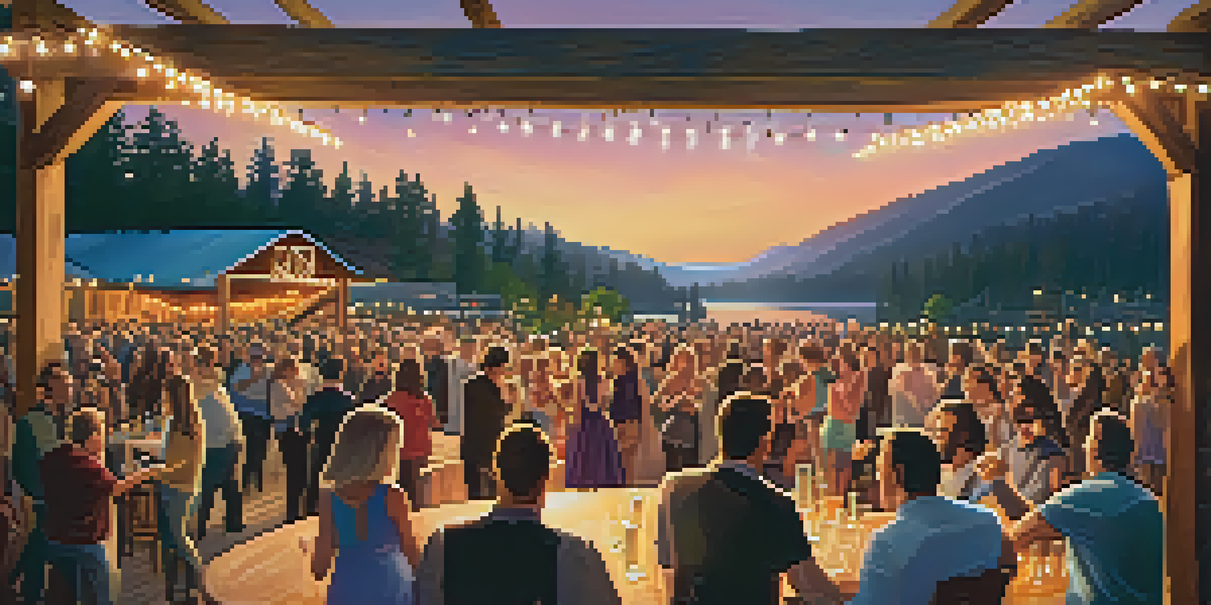 An outdoor gathering at The Barn in Big Bear, featuring a rustic venue, lively audience dancing, and a live band performing under sunset lighting.