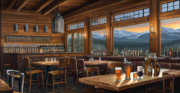 A warm and inviting brewery in Big Bear with wooden tables, craft beer flights, and mountain views through large windows.
