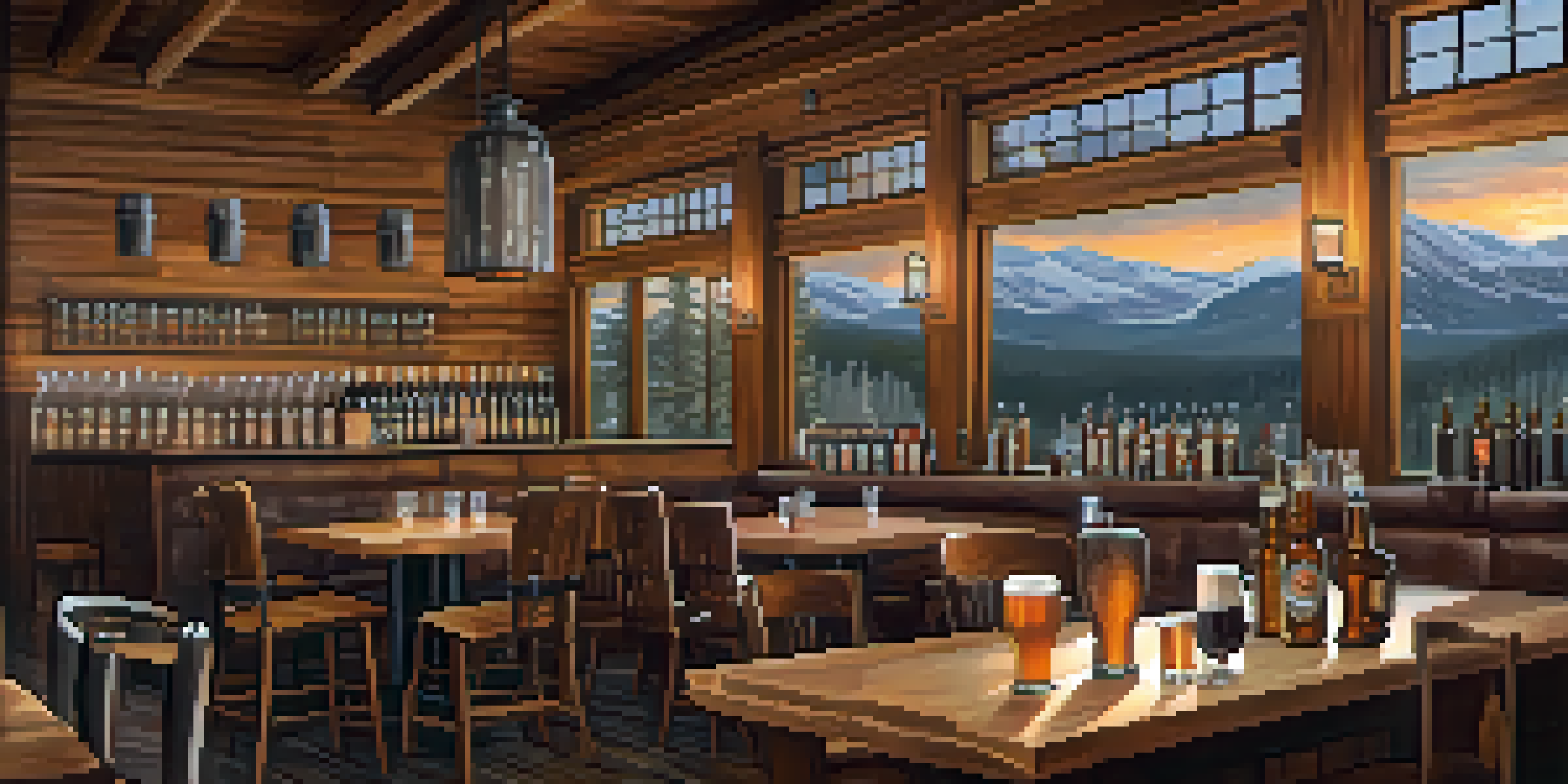 A warm and inviting brewery in Big Bear with wooden tables, craft beer flights, and mountain views through large windows.