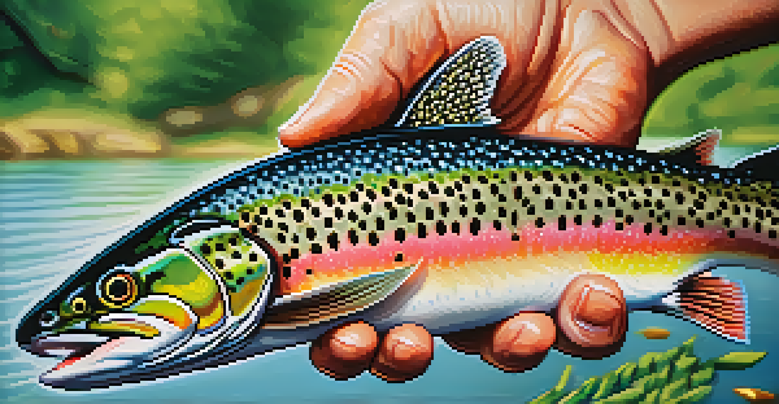A close-up of a rainbow trout held by an angler, highlighting the fish's colorful patterns and scales.