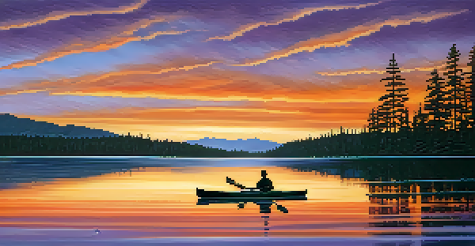 A picturesque sunset over Big Bear Lake with a kayak and silhouettes of pine trees.