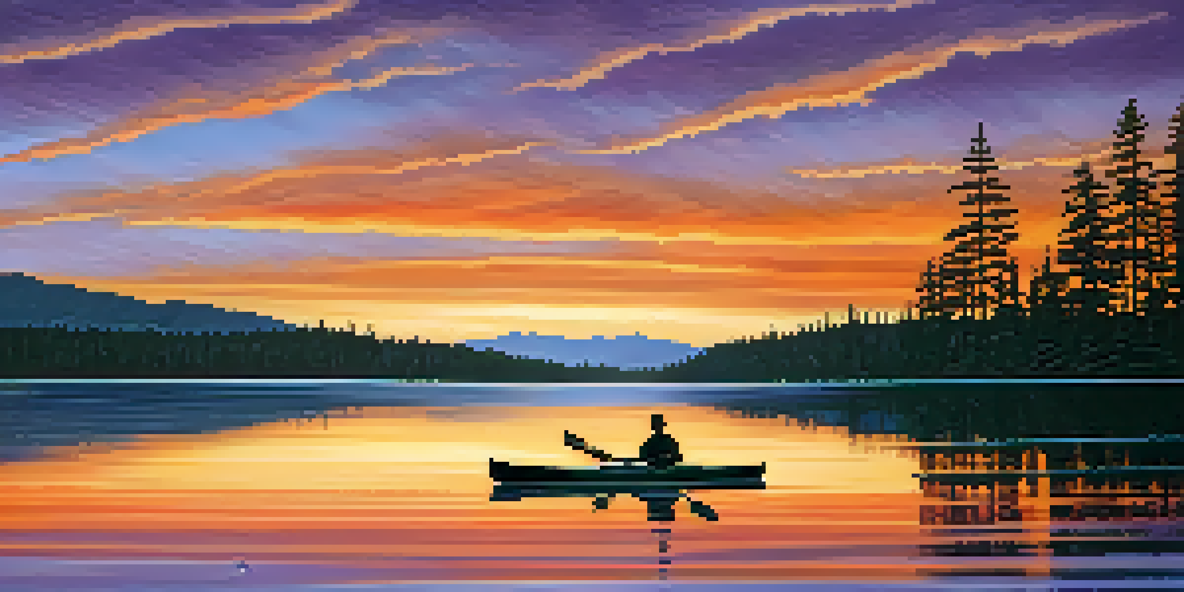 A picturesque sunset over Big Bear Lake with a kayak and silhouettes of pine trees.