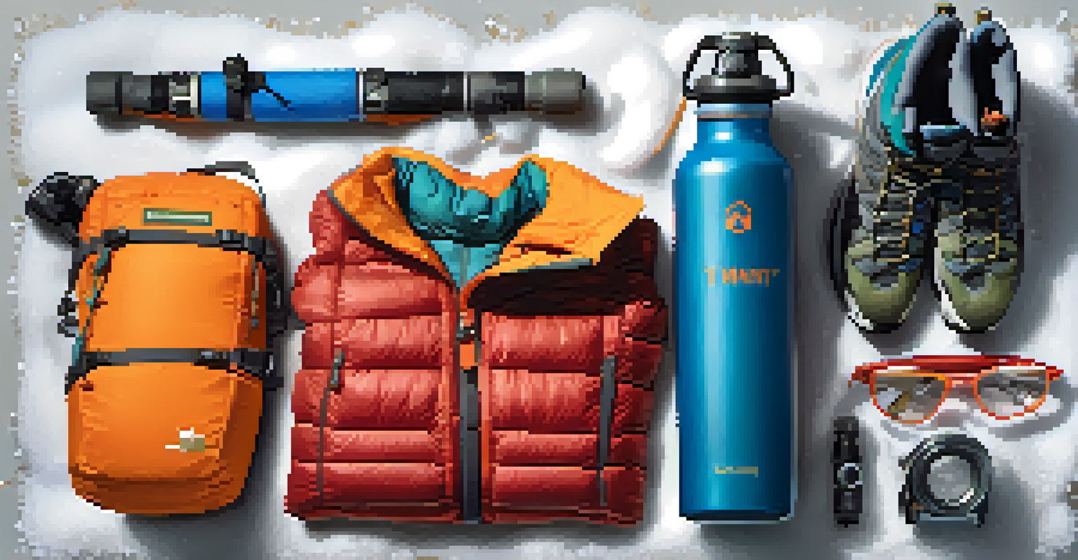 Essential winter hiking gear including a water bottle, map, headlamp, and trekking poles arranged on snow.