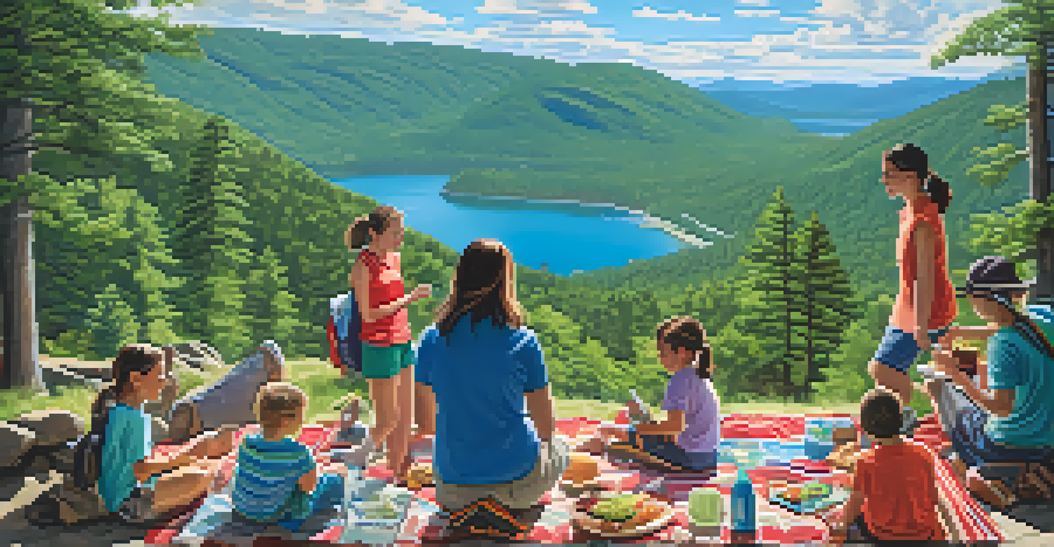 A family enjoying a picnic after hiking at Bear Mountain Resort with scenic mountains in the background.