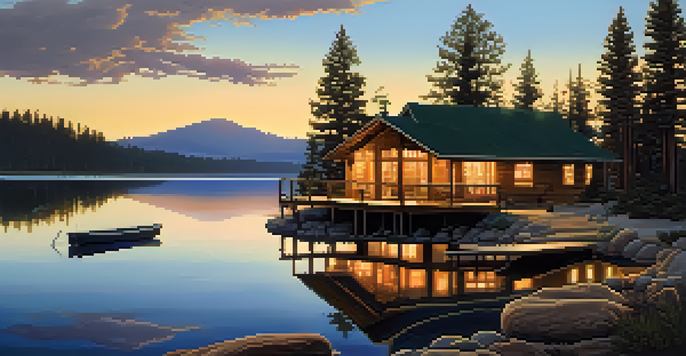 A cozy cabin in Big Bear surrounded by pine trees and a lake during sunset, with a writer on the porch typing on a laptop.