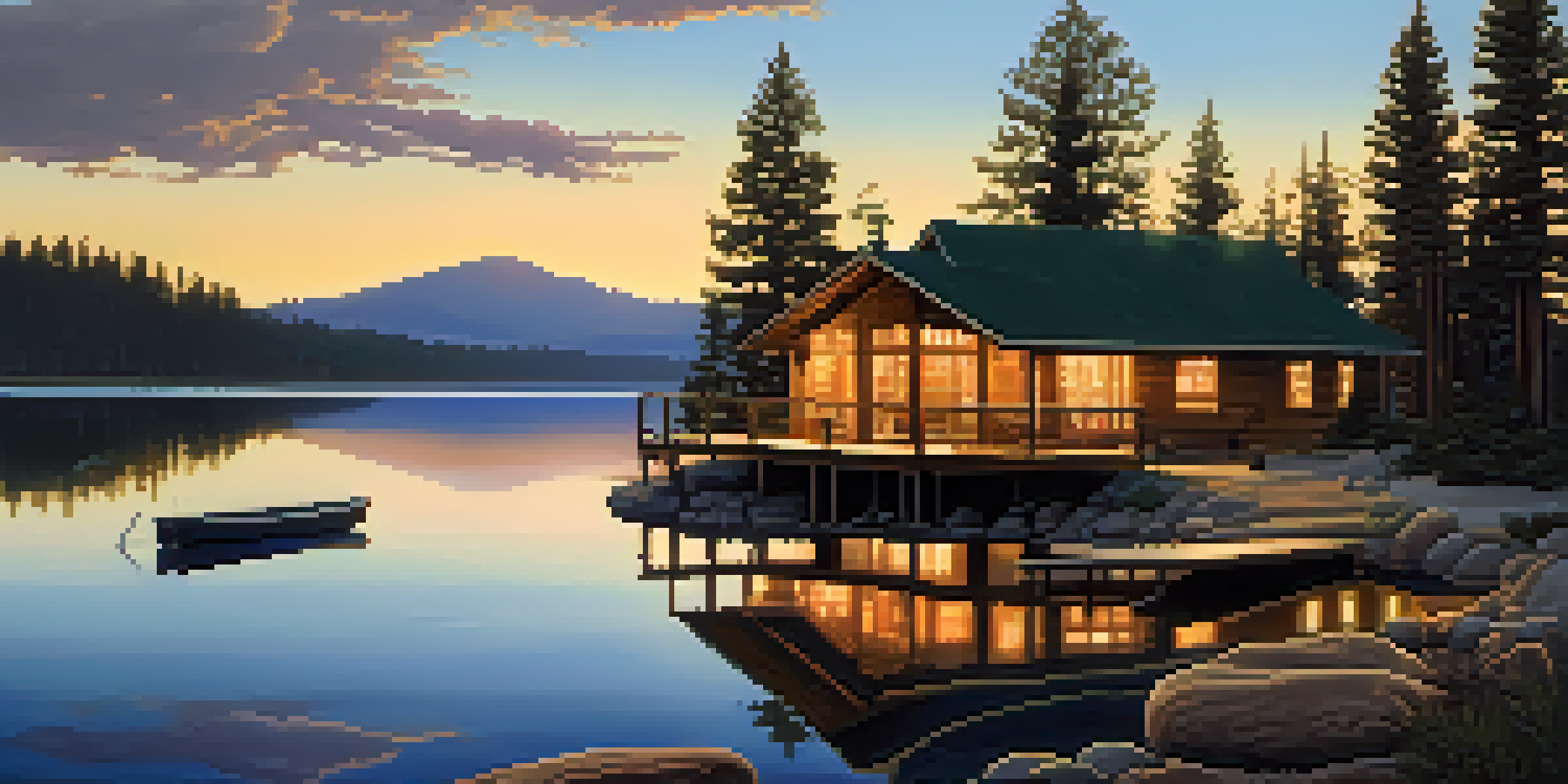 A cozy cabin in Big Bear surrounded by pine trees and a lake during sunset, with a writer on the porch typing on a laptop.