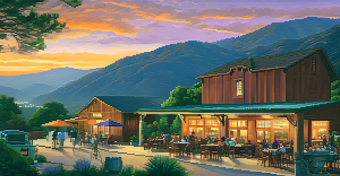 A scenic view of the San Bernardino Mountains with a rustic craft brewery and people enjoying drinks at sunset.