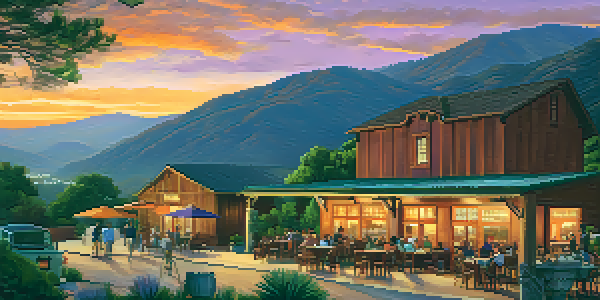 A scenic view of the San Bernardino Mountains with a rustic craft brewery and people enjoying drinks at sunset.