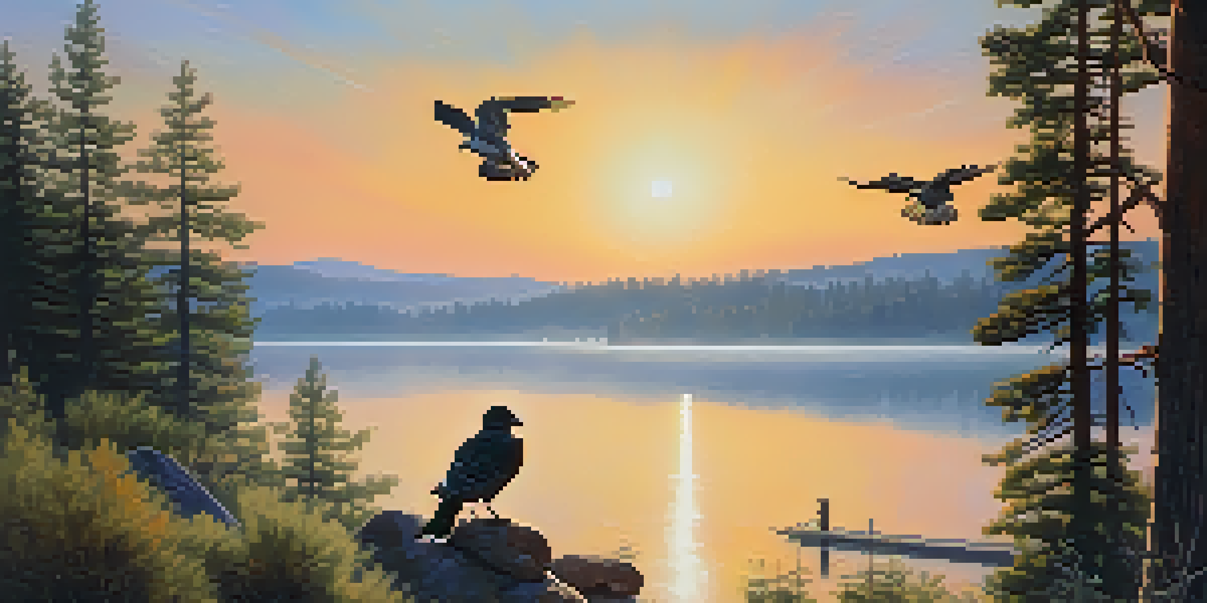 A peaceful morning at Big Bear Lake with a birdwatcher observing a hawk and colorful warblers in the trees.