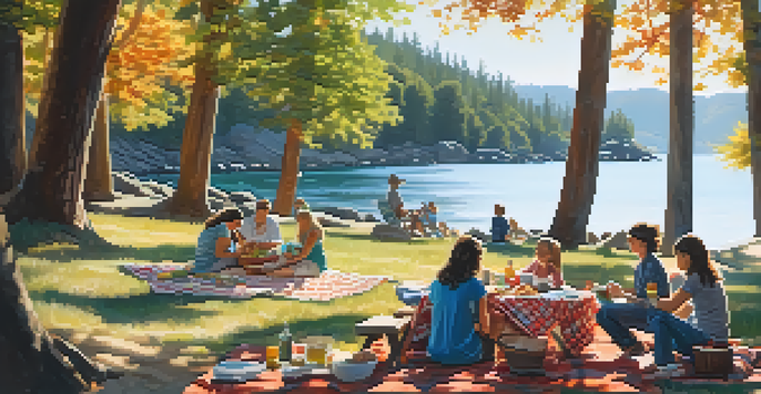Families having a picnic by the water at Boulder Bay Park, surrounded by trees and gentle waves.