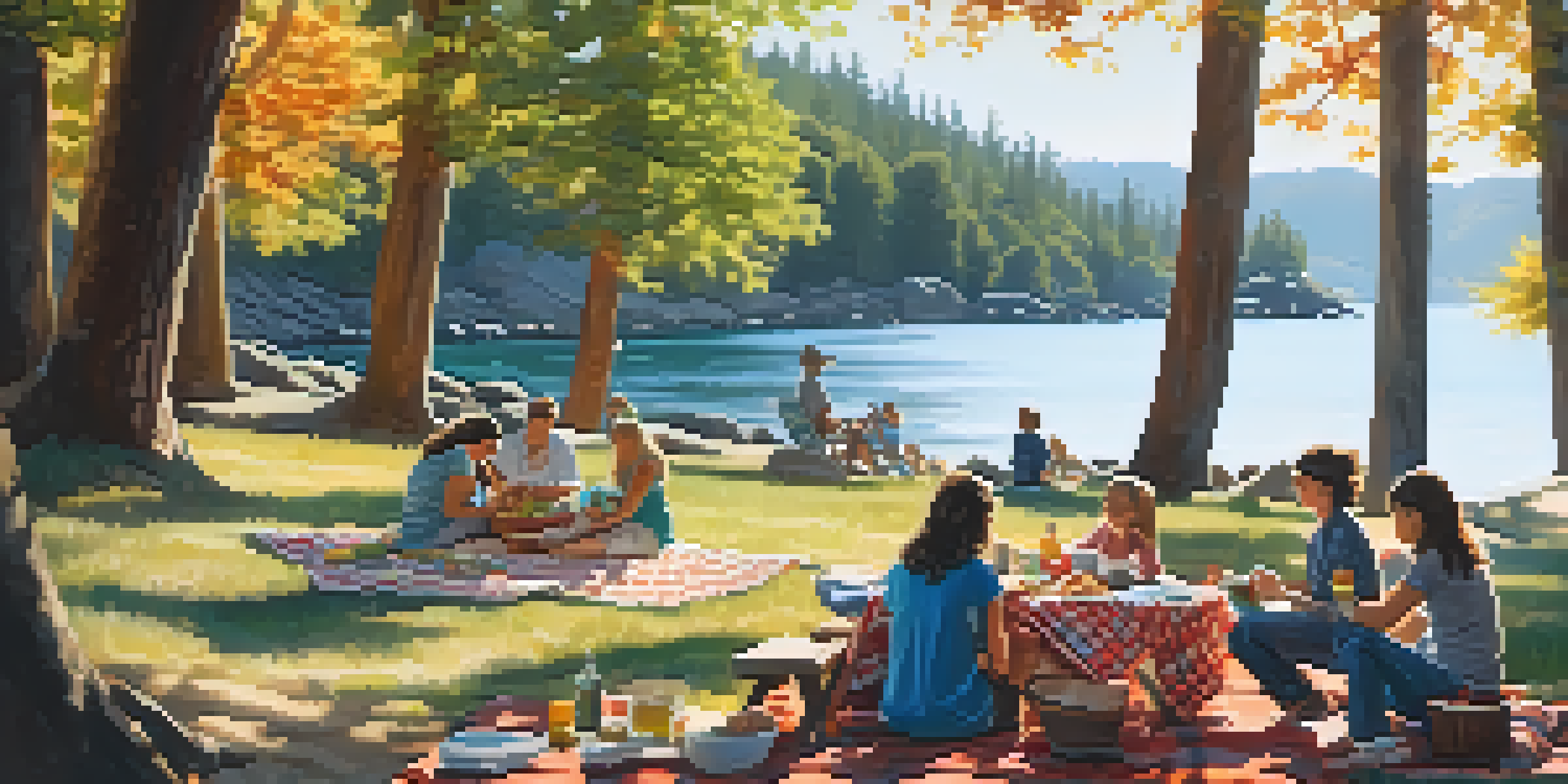 Families having a picnic by the water at Boulder Bay Park, surrounded by trees and gentle waves.