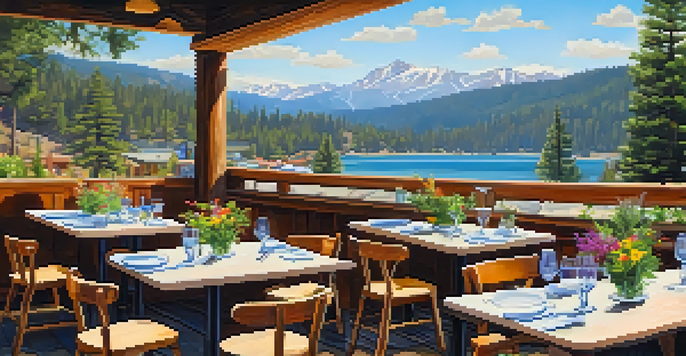 An outdoor dining setup at an eco-friendly restaurant with wooden tables, fresh flowers, and a mountain backdrop.
