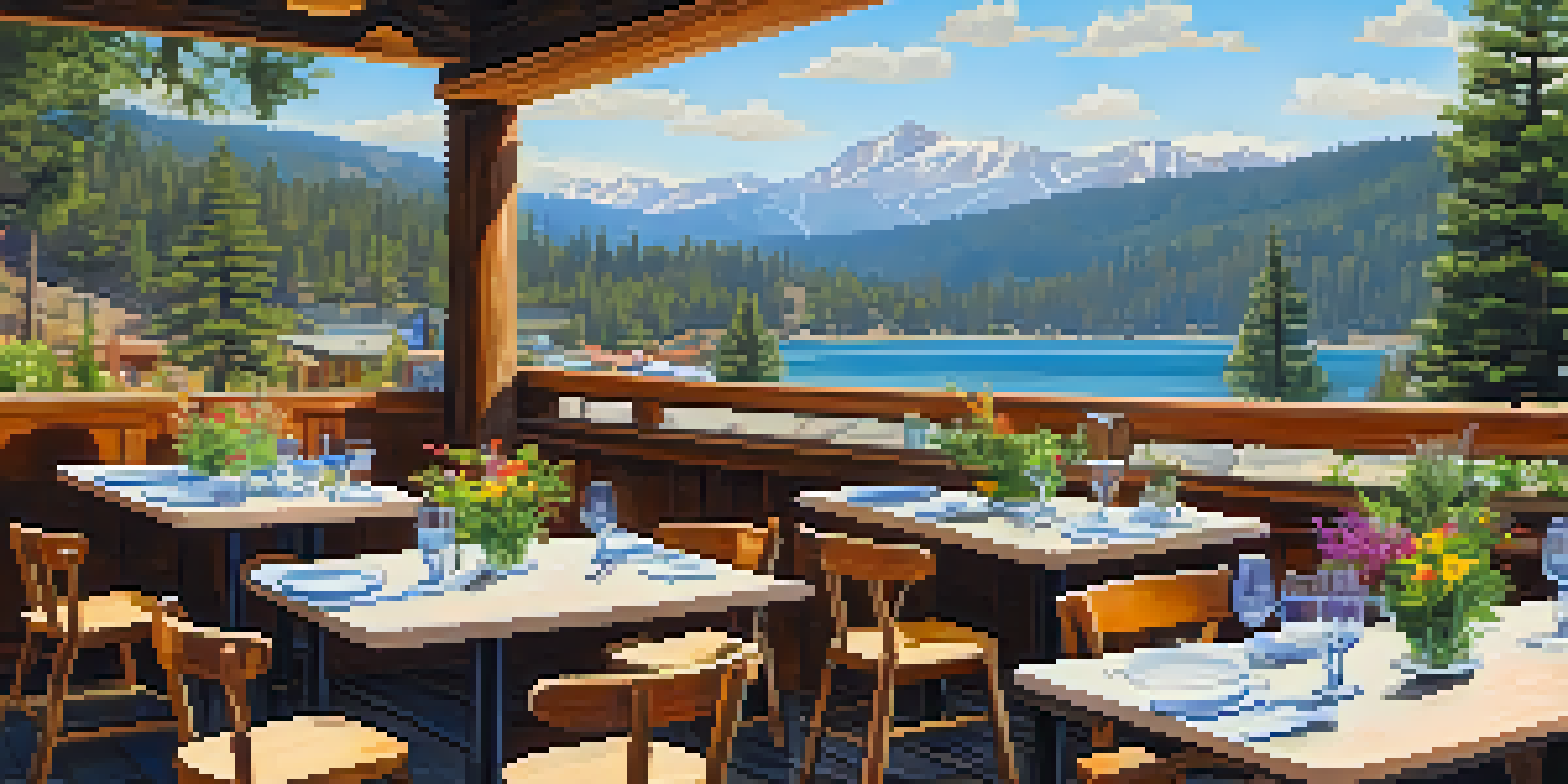 An outdoor dining setup at an eco-friendly restaurant with wooden tables, fresh flowers, and a mountain backdrop.