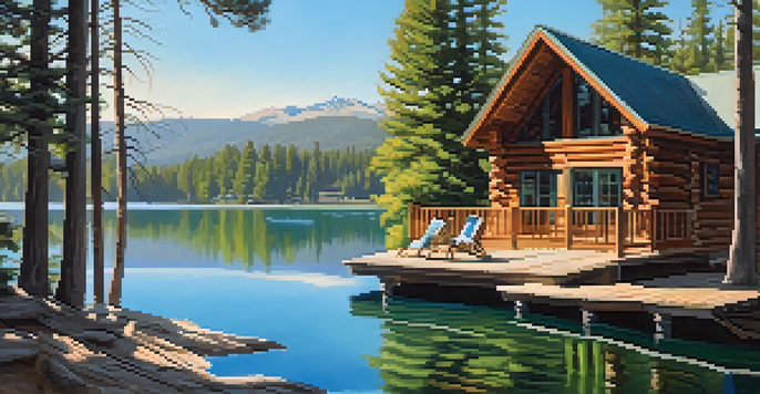 A peaceful lakeside scene with a cabin porch and a writer sitting with a notebook, surrounded by tall pine trees.