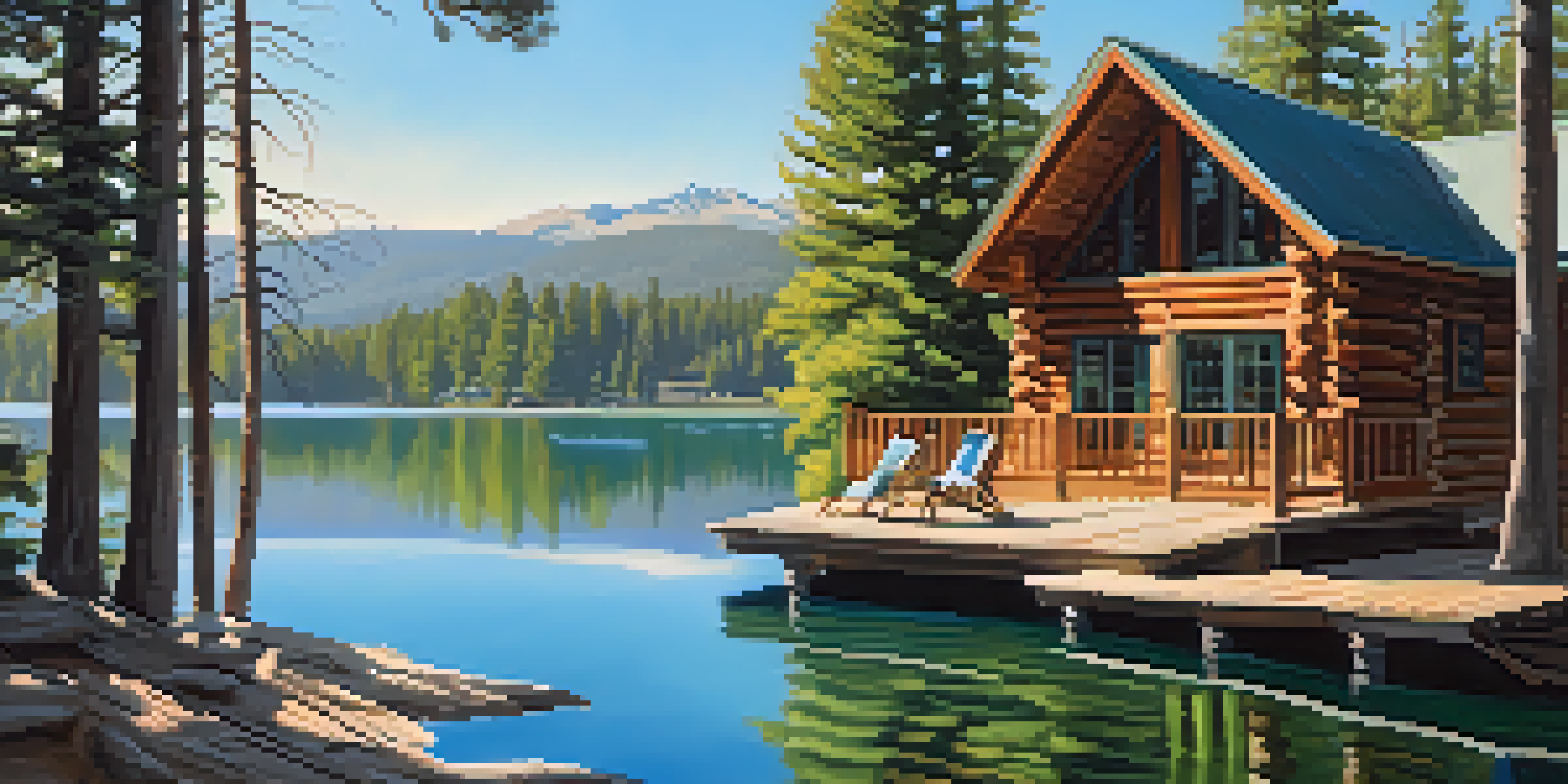 A peaceful lakeside scene with a cabin porch and a writer sitting with a notebook, surrounded by tall pine trees.
