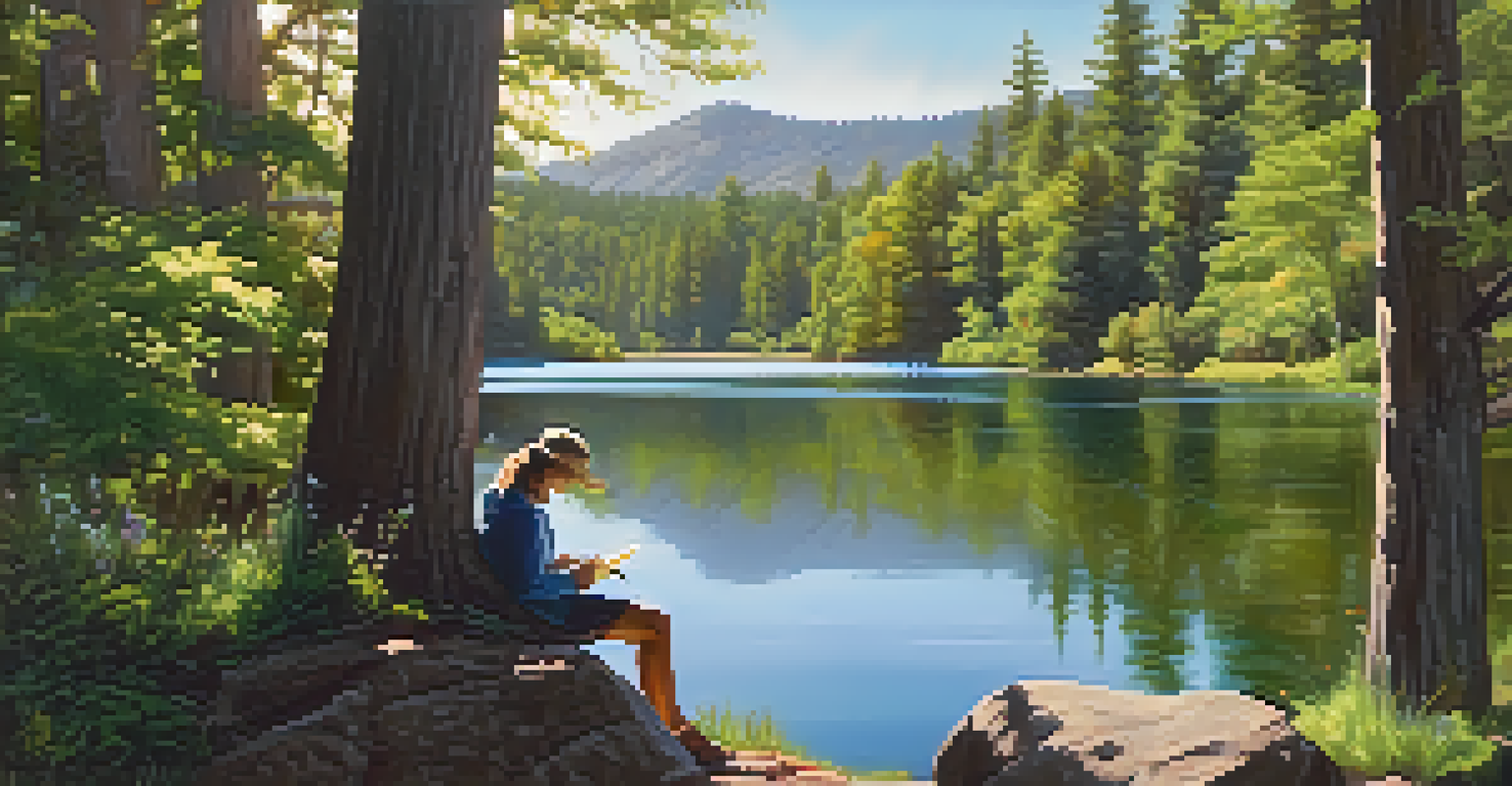 A peaceful view of Bluff Lake Reserve, showcasing a calm lake, trees, and a person sketching.