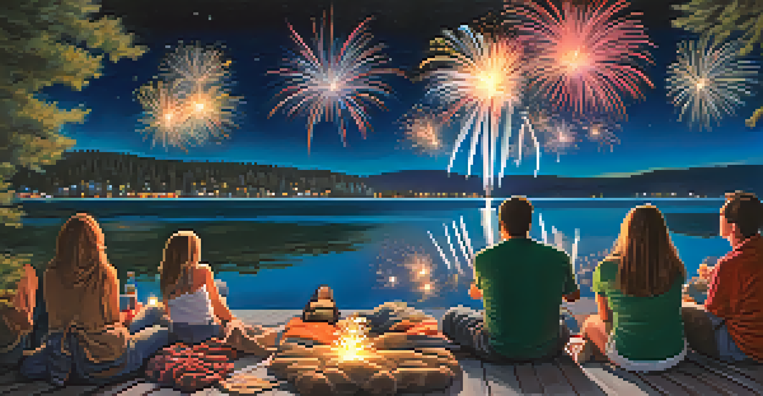 A stunning fireworks show over Big Bear Lake, with colorful reflections in the water and families enjoying the view.