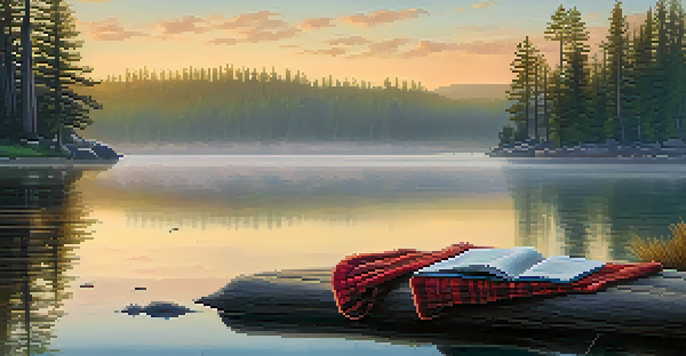 A tranquil lakeside scene at dawn with mist rising over the water, surrounded by tall pine trees and a cozy blanket featuring a notebook and pen.