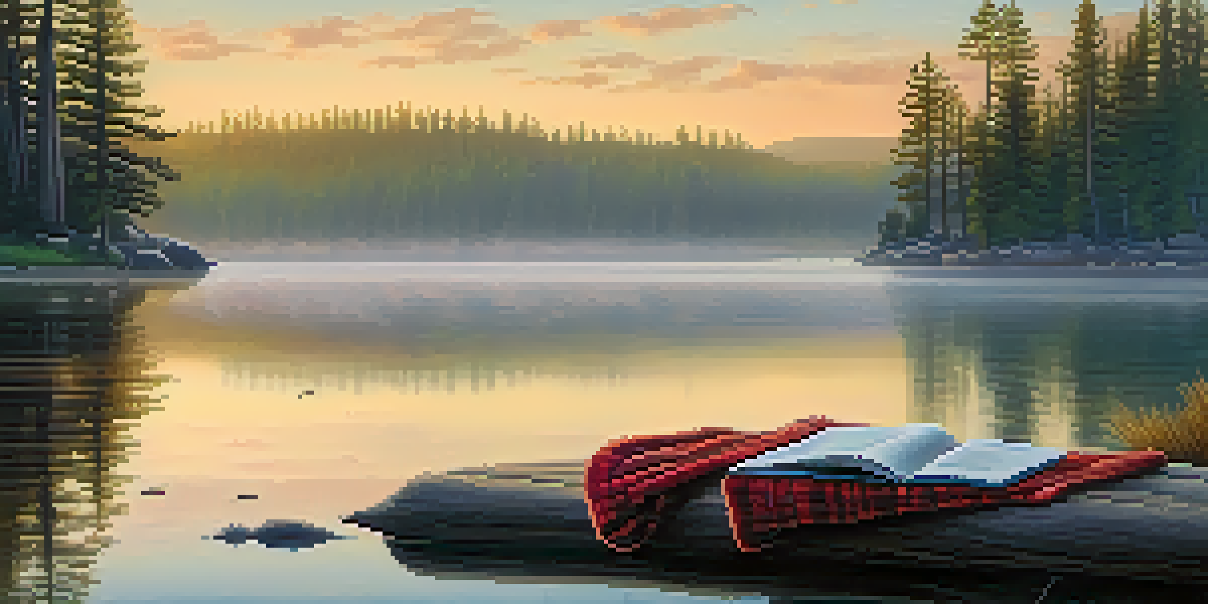 A tranquil lakeside scene at dawn with mist rising over the water, surrounded by tall pine trees and a cozy blanket featuring a notebook and pen.