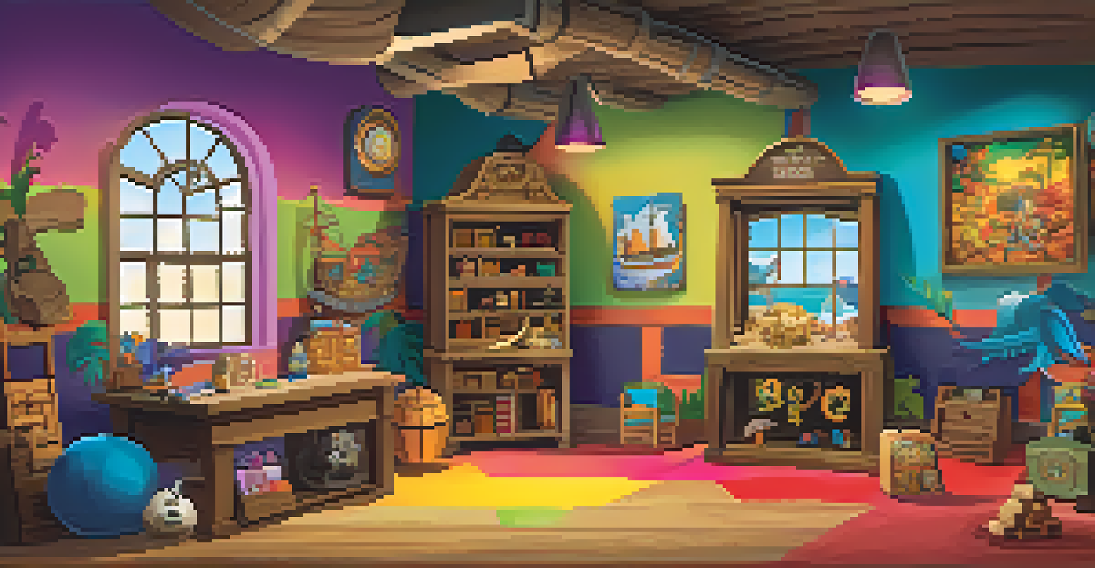 Children solving a treasure map puzzle in a colorful escape room designed for kids, with vibrant decorations.