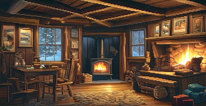 A family working together in a rustic cabin-themed escape room, surrounded by wooden decor and soft lighting.