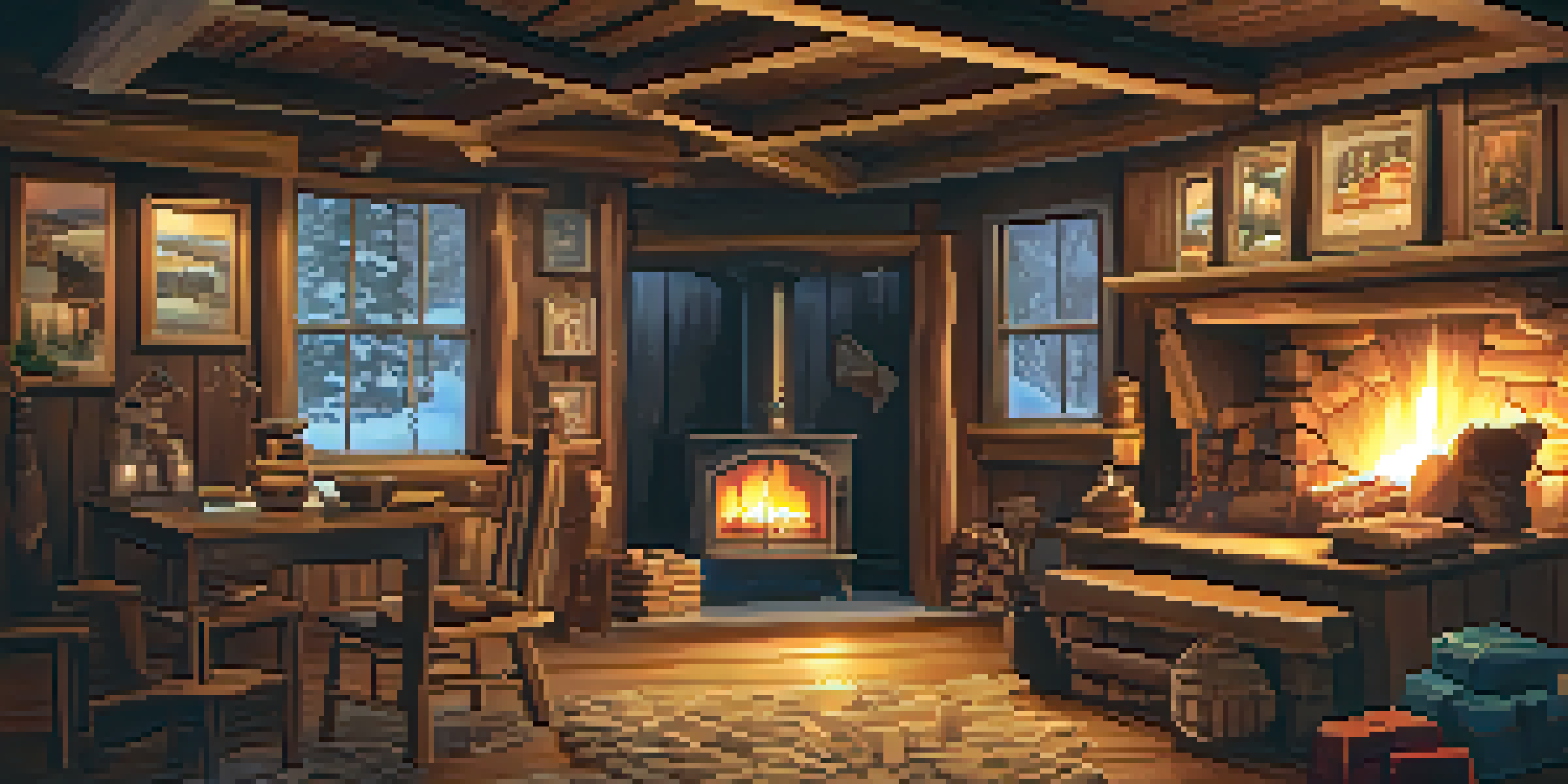 A family working together in a rustic cabin-themed escape room, surrounded by wooden decor and soft lighting.