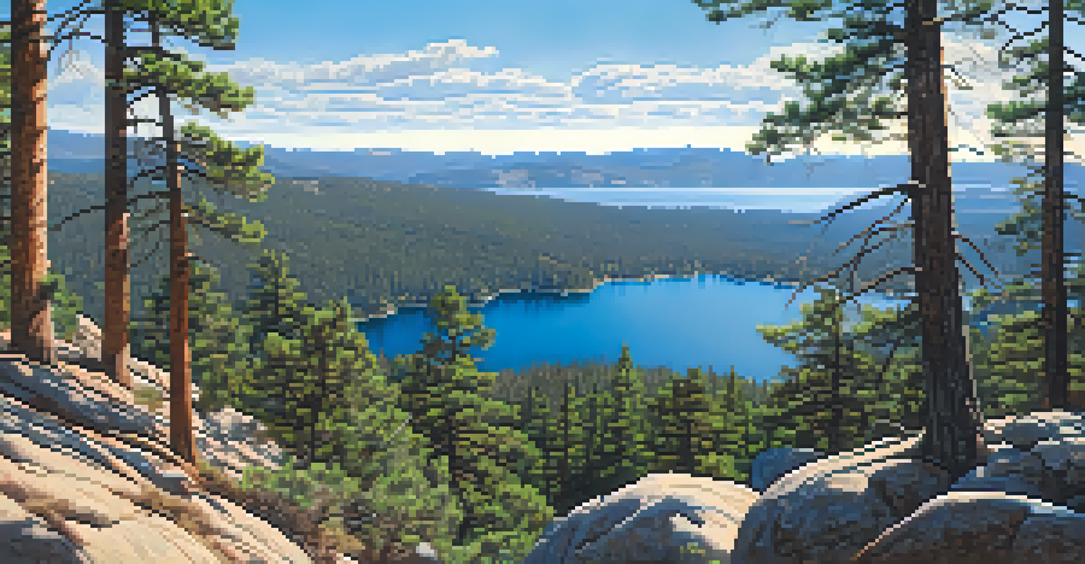 A scenic mountain trail overlook featuring a lake and forest with hikers enjoying the view.
