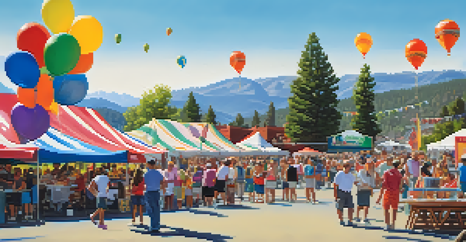 Volunteers setting up for a summer festival in Big Bear, surrounded by colorful decorations and a lively atmosphere.