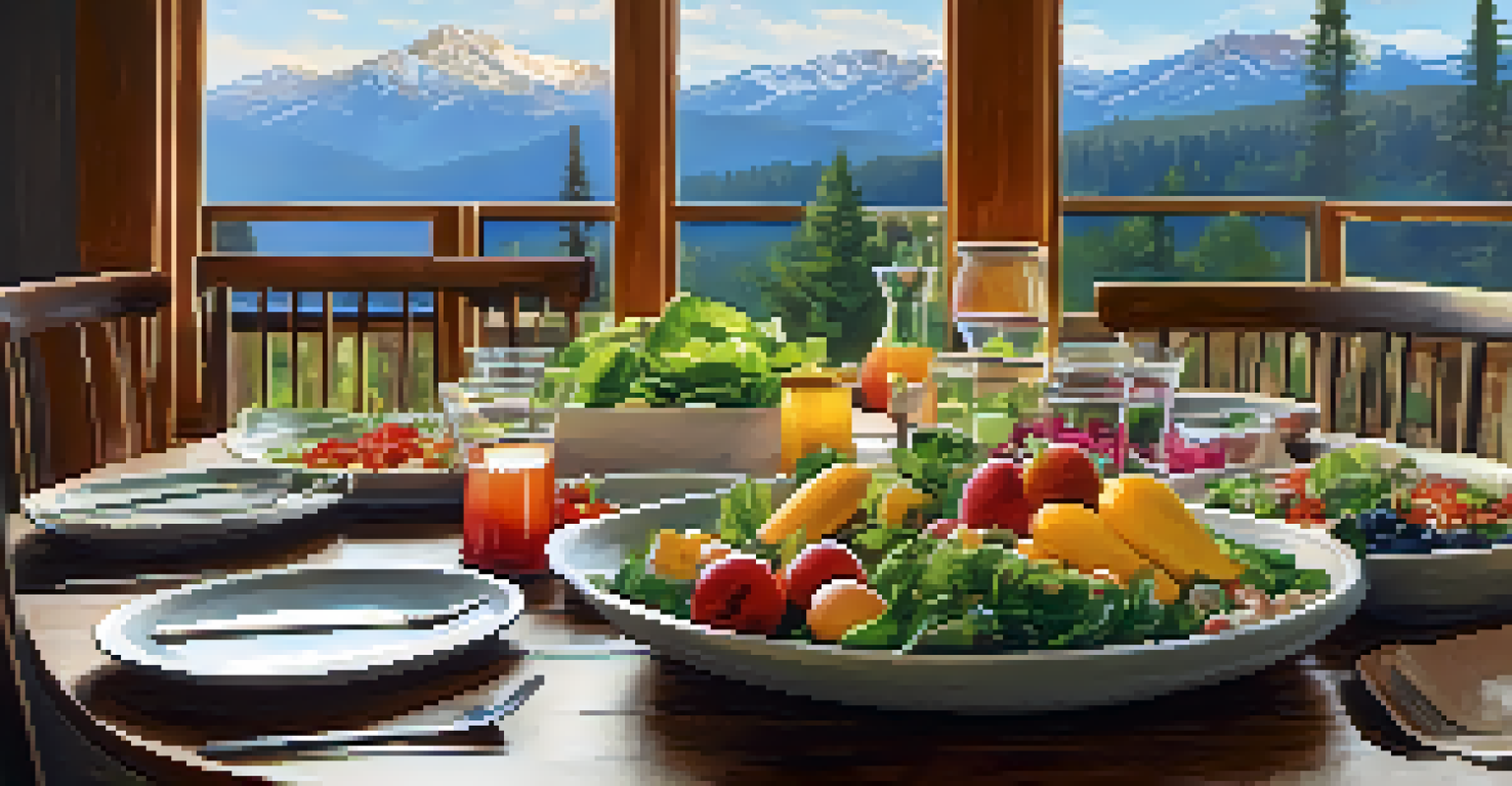 A dining table at a yoga retreat filled with colorful healthy meals, with a view of mountains outside.