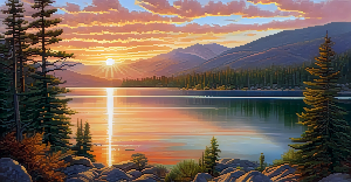 A beautiful sunrise over Big Bear Lake, with reflections on the water and mountains in the background.