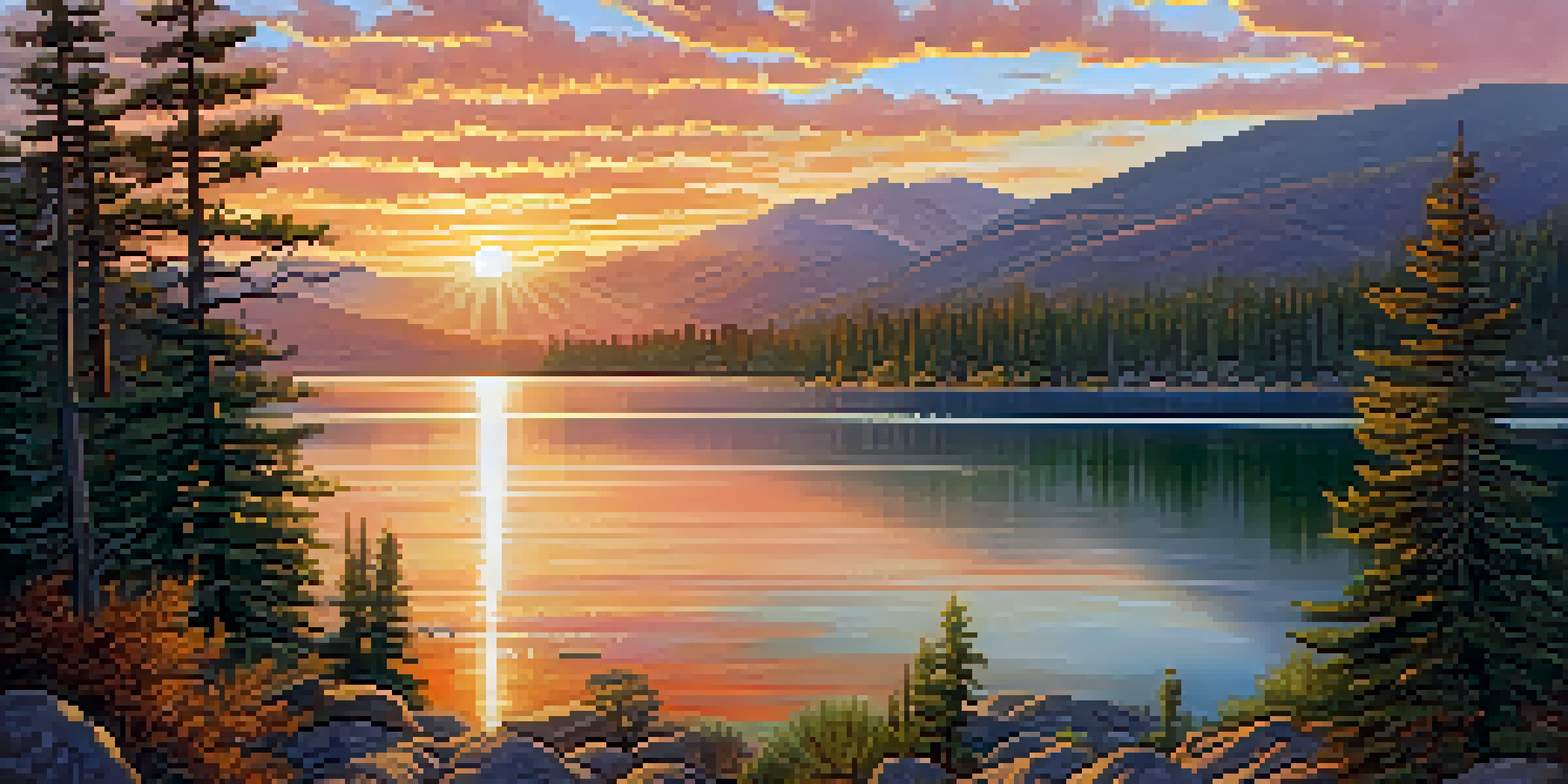 A beautiful sunrise over Big Bear Lake, with reflections on the water and mountains in the background.