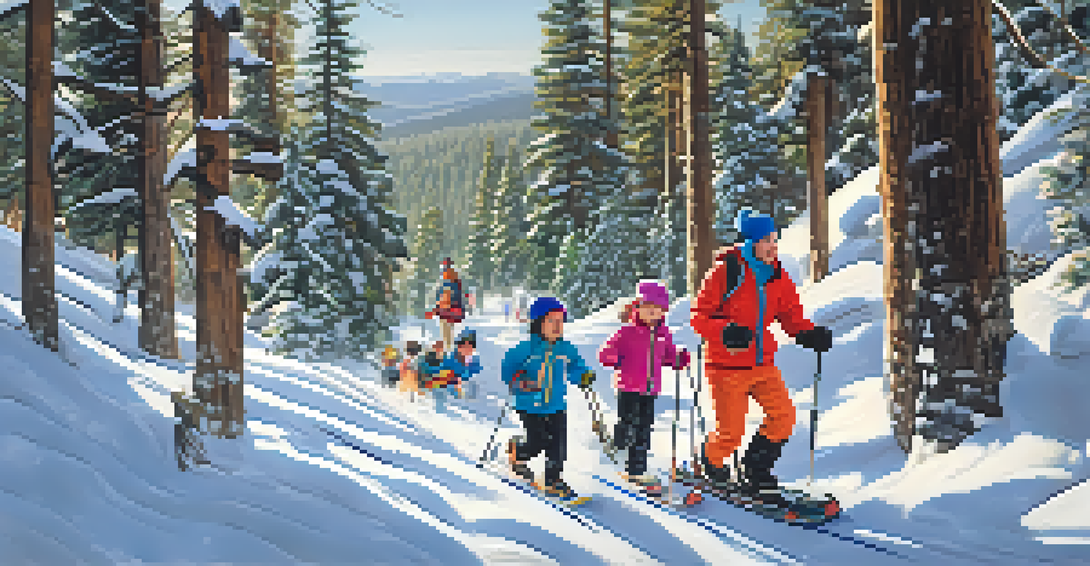 A family enjoying the Big Bear Snow Adventure Race, engaging in snowshoeing and sledding amidst a snowy landscape.