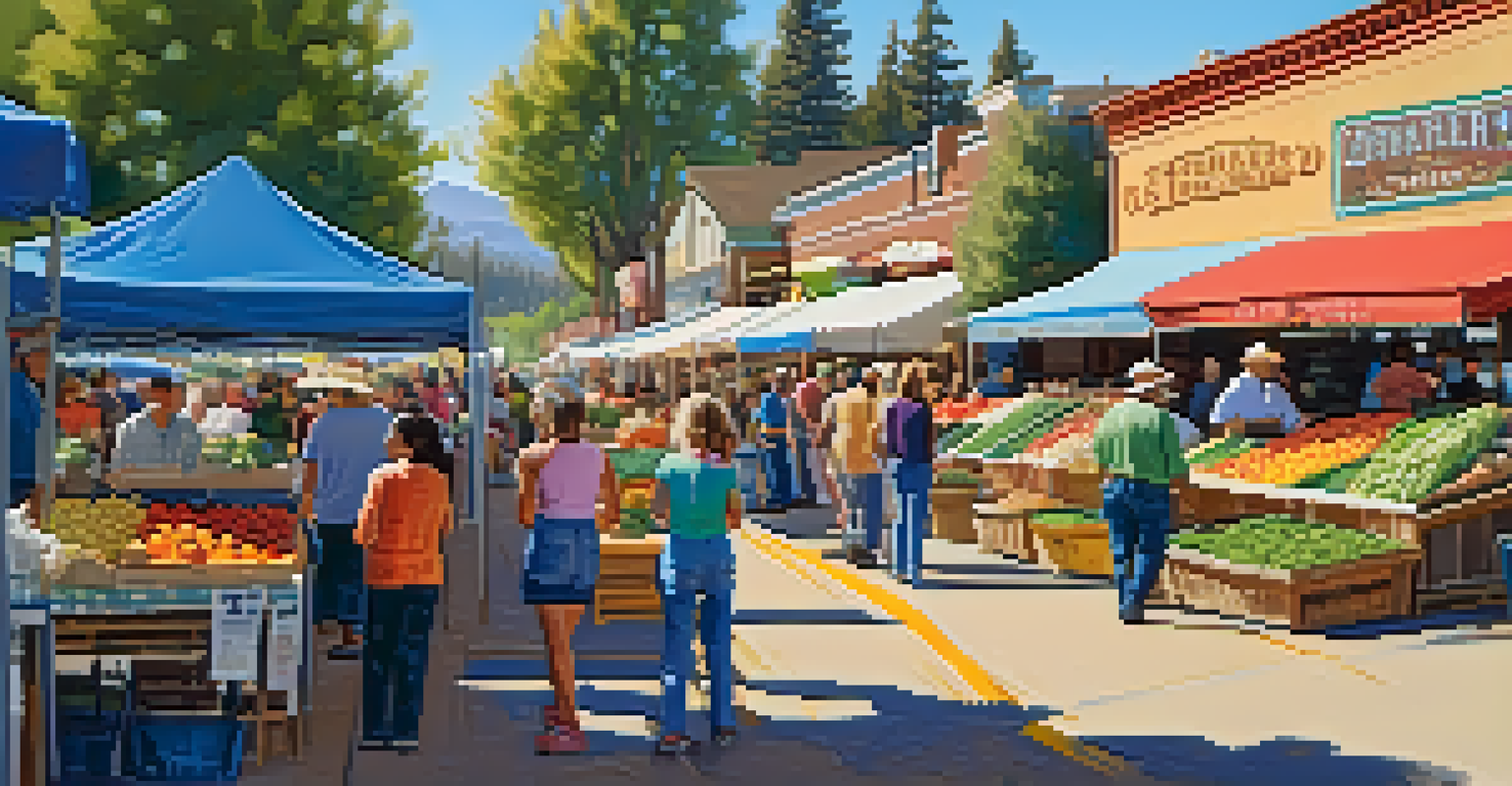 A lively farmer's market in Big Bear with residents shopping for fresh produce and interacting with local farmers under a clear blue sky.