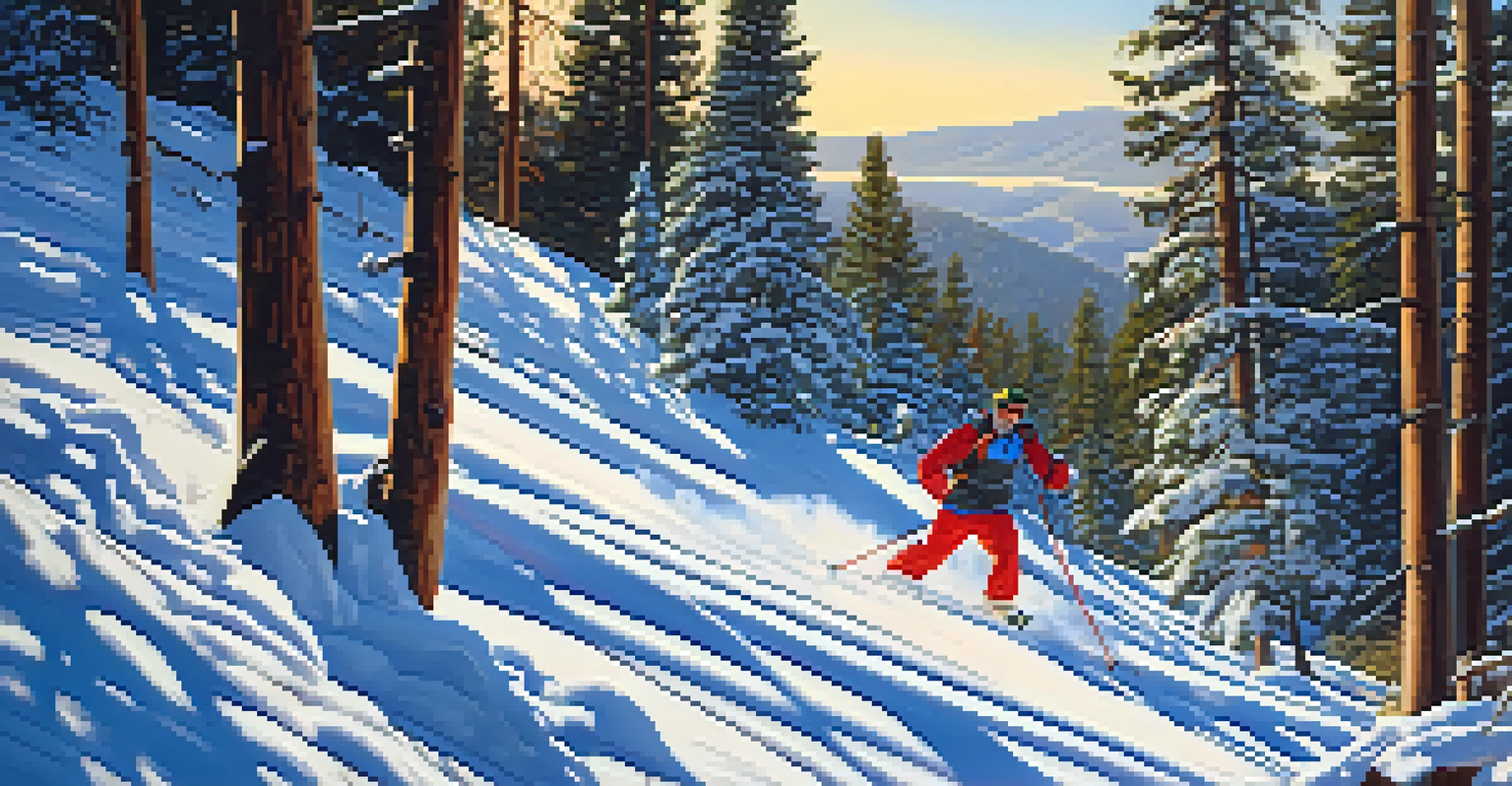 Intermediate skiers carving through snow on the Pine Knot trail at Big Bear, surrounded by rolling terrain and vibrant trees.