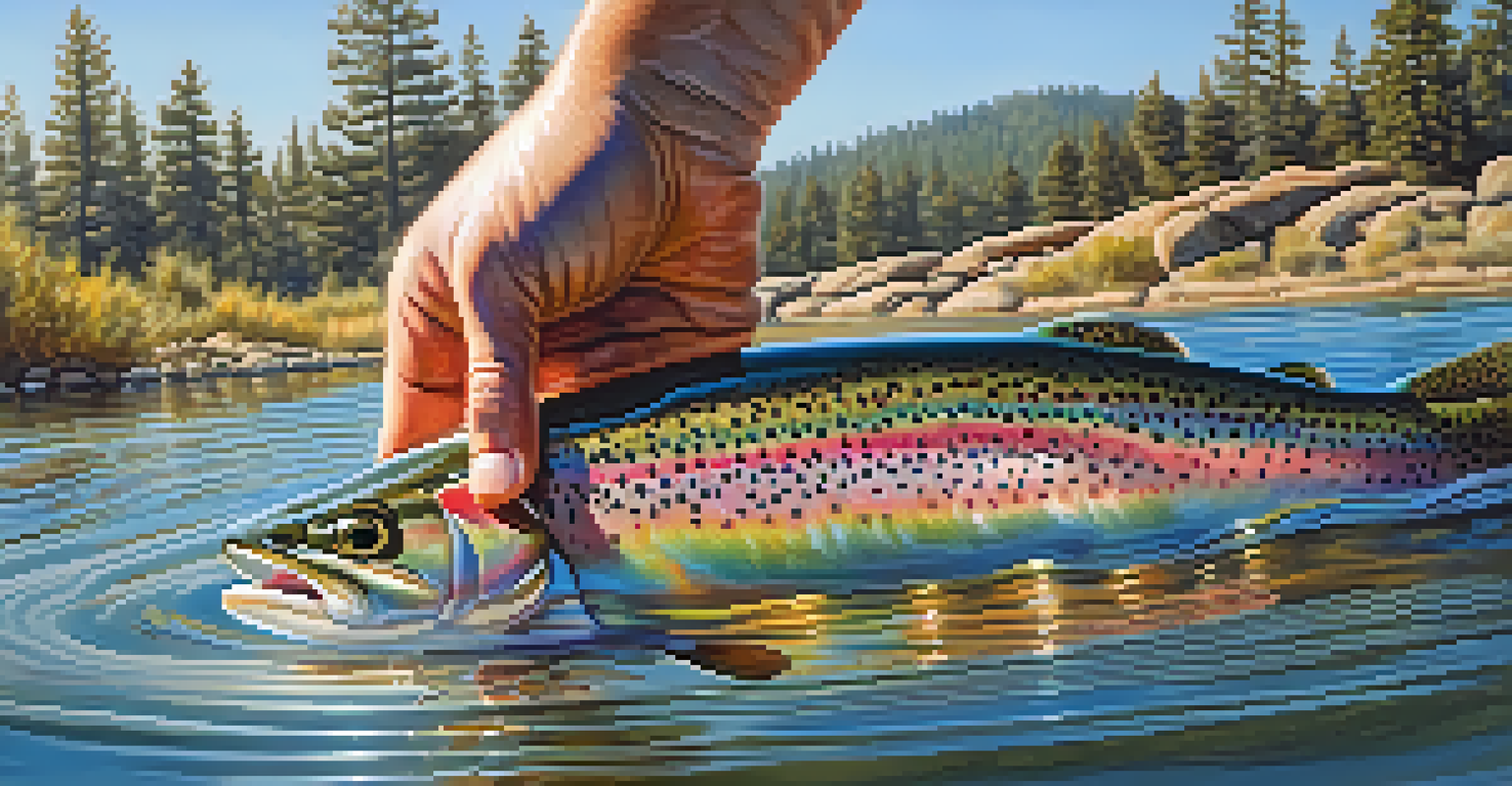 A close-up of a rainbow trout being released back into Big Bear Lake by an angler.