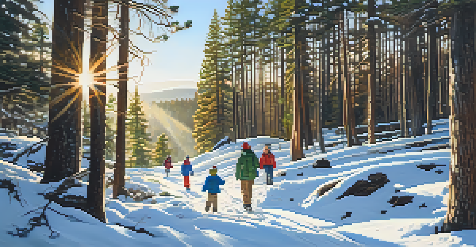 A joyful family hiking in the snowy woods of Big Bear, playing in the snow with trees in the background.