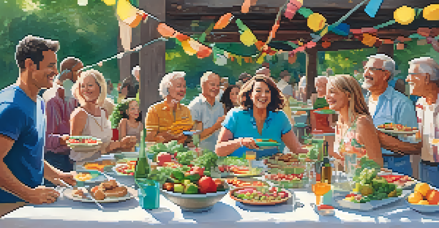 A community event with people of different ages sharing dishes made from fresh produce at a long table in a garden setting.