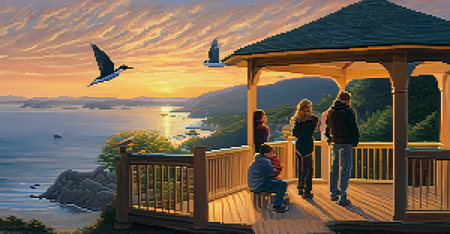 An elevated view from a gazebo of Boulder Bay at sunset with a family taking pictures and birds in the sky.