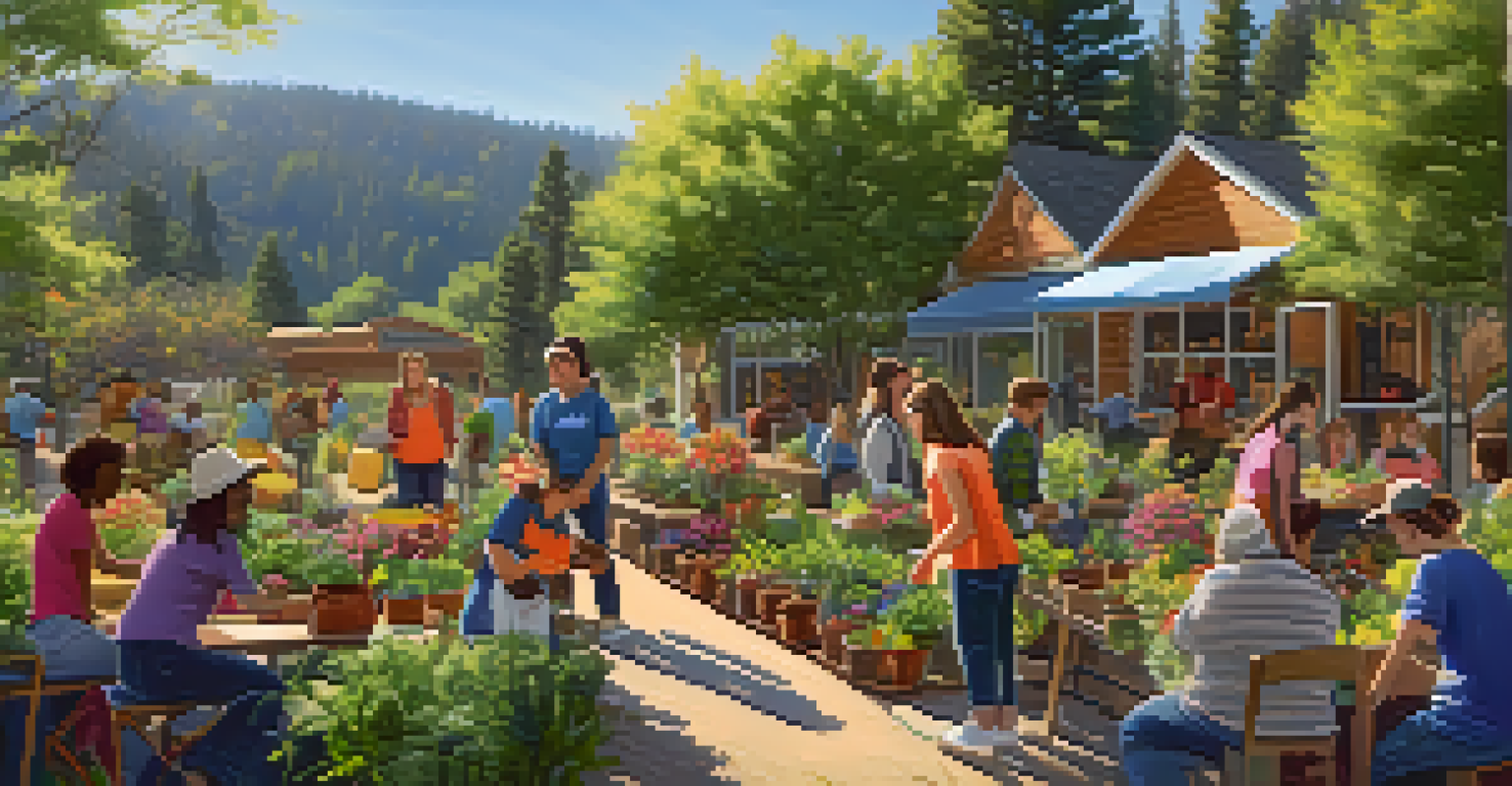 Adults participating in a gardening workshop outside, planting flowers and vegetables in a colorful garden.