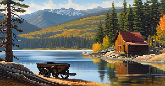 A picturesque landscape of Big Bear Lake with pine trees, mountains, and an old mining cart in the foreground, illuminated by sunlight.