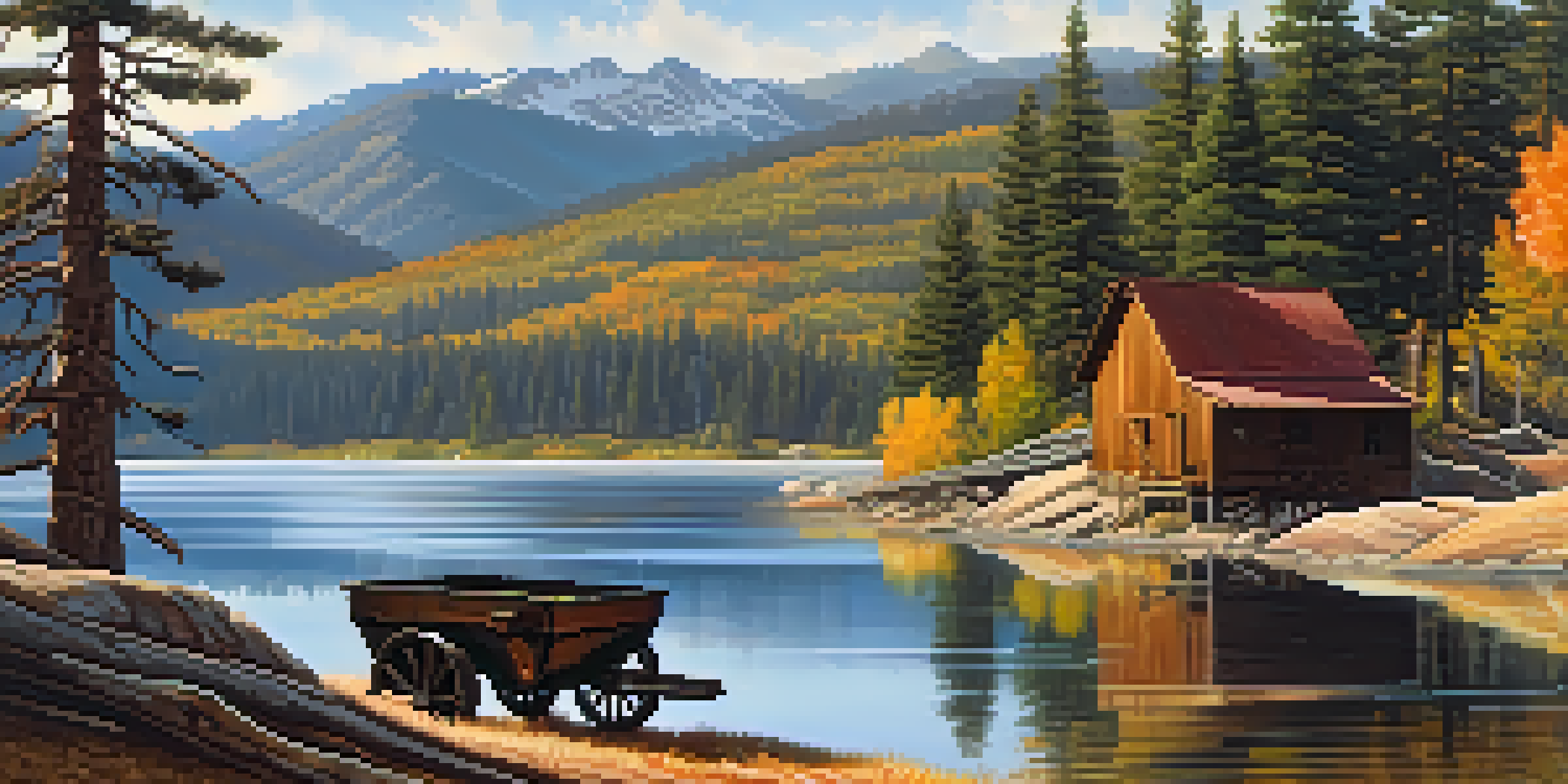 A picturesque landscape of Big Bear Lake with pine trees, mountains, and an old mining cart in the foreground, illuminated by sunlight.