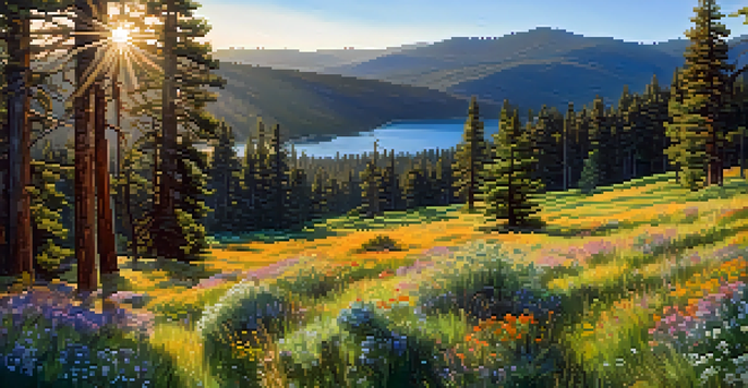 A wide view of Big Bear Valley with blooming wildflowers, green meadows, and pine trees, illuminated by soft golden sunlight.